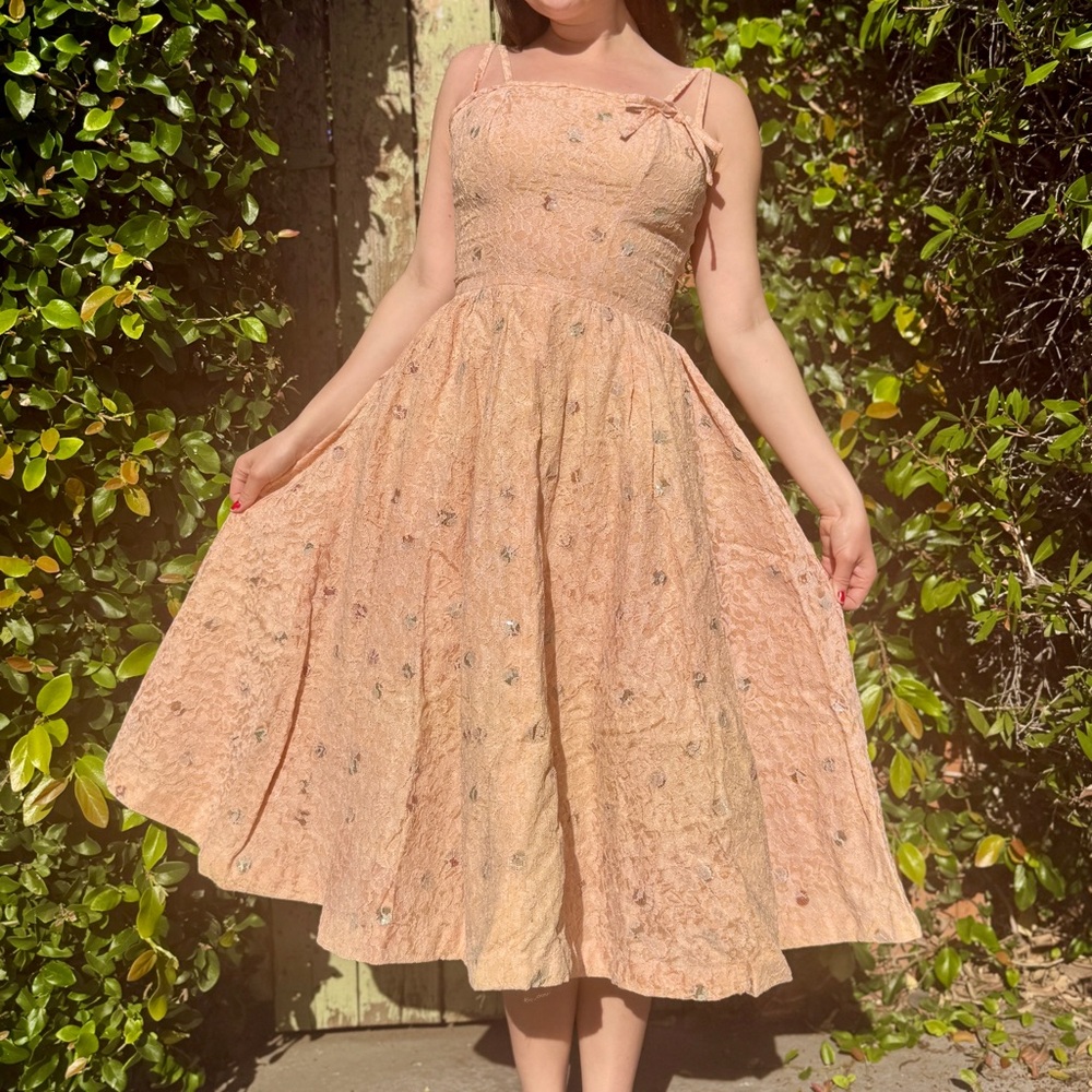 Vintage 50s 60s Pastel Pink Lace Midi Cocktail Party Dress with Metallic Accents